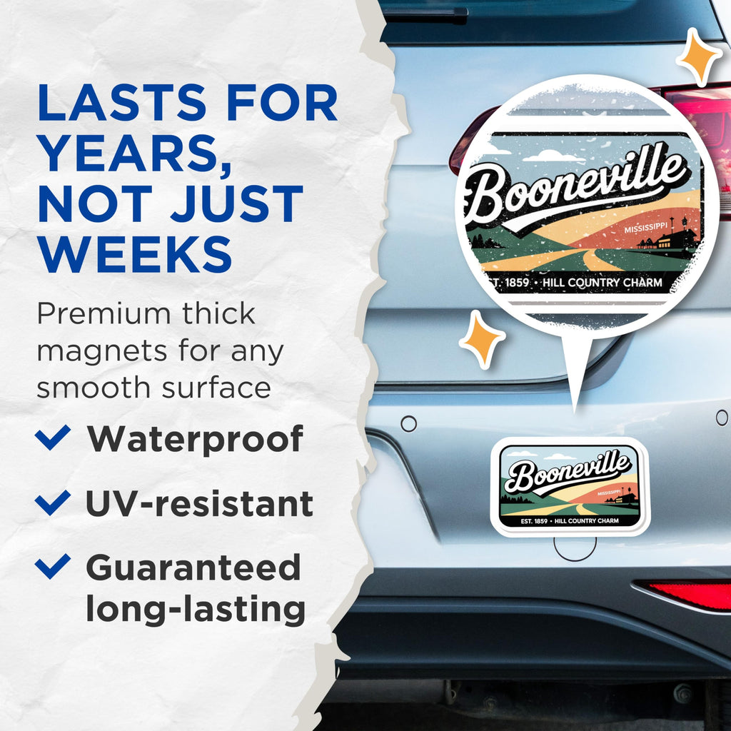 (2 Pack) Booneville Mississippi Magnets - Hill Country Charm - Travel Souvenir Decoration - 5" On Longest Side - Premium Magnet - for Cars, Refrigerators, Toolboxes, Lockers - Made in USA - MAG17822