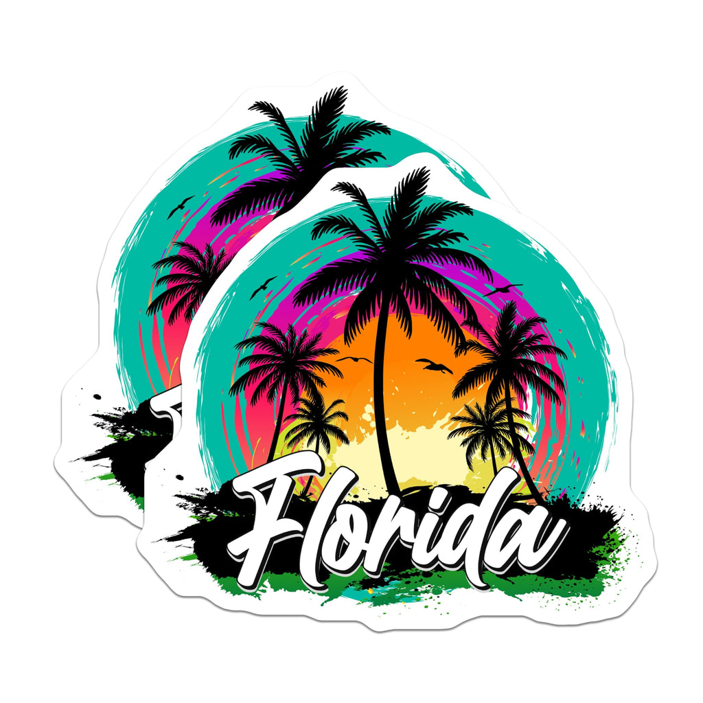 (2 Pack) Florida Palm Tree Stickers - Tropical Sunset Decals - Vibrant State Souvenir - 5" On Longest Side - Sticks to Smooth Flat Surfaces - Made in USA - BMCS18003