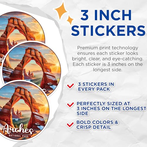 (3 Pack) Arches National Park Decals - Utah Landscape - Desert Scenery Decals - 3 Inches On Longest Side - Easy Peel & Apply - Made in USA - 3MCS0457
