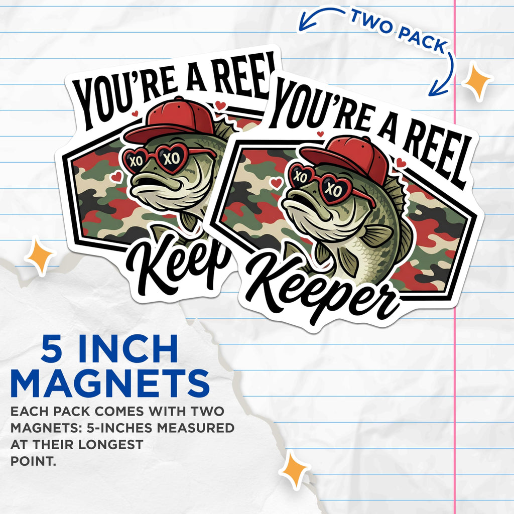 (2 Pack) Reel Keeper Magnets - Bass Fish Decor - Funny Fishing Lover Fridge Magnets - 5" On Longest Side - Premium Magnet - for Cars, Refrigerators, Toolboxes, Lockers - Made in USA - MAG14169
