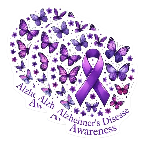 (3 Pack) Alzheimers Awareness Decals - Purple Ribbon Butterfly - Laptop Decal - 3 Inches On Longest Side - Easy Peel & Apply - Made in USA - 3MCS8545