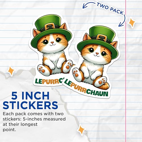 (2 Pack) Lepurrchaun Cat Stickers - Cute St Patrick's Day - 5" On Longest Side - Sticks to Smooth Flat Surfaces - Made in USA - BMCS8113