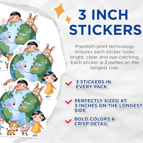 (3 Pack) Earth Day Friends Decals - Kids Animals - Planet Decals - 3 Inches On Longest Side - Easy Peel & Apply - Made in USA - 3MCS7202
