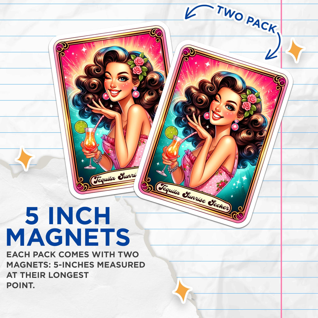 (2 Pack) Tequila Sunrise Seeker Magnets - Retro Cocktail Pinup Girl Art - Happy Hour Drink Decor - Fun Kitchen Fridge Magnets - 5 Inches On Longest Side - Thick Durable Magnet - Made in USA - MAG22352