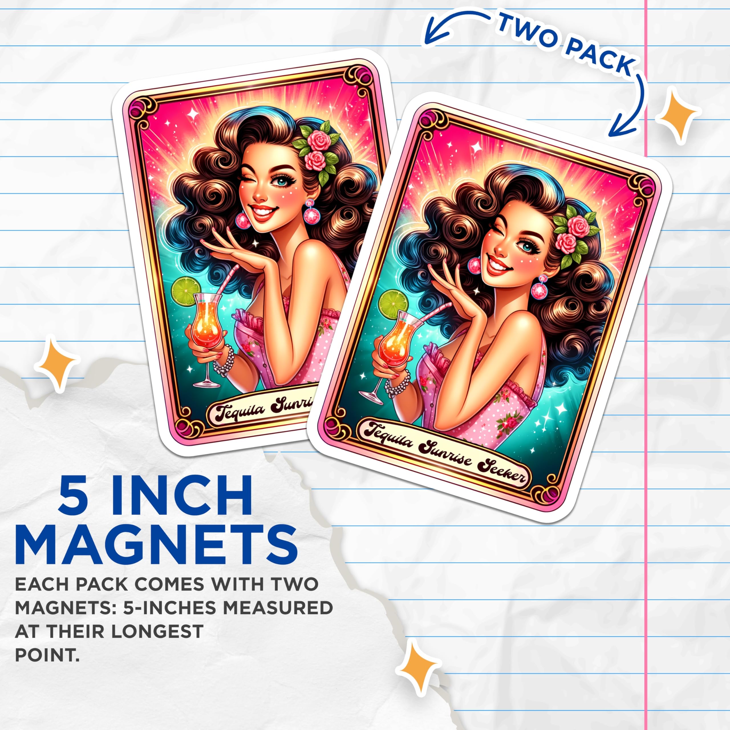 (2 Pack) Tequila Sunrise Seeker Magnets - Retro Cocktail Pinup Girl Art - Happy Hour Drink Decor - Fun Kitchen Fridge Magnets - 5 Inches On Longest Side - Thick Durable Magnet - Made in USA - MAG22352