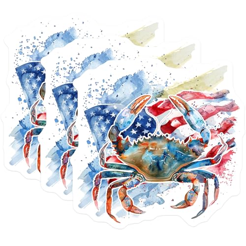 (3 Pack) Patriotic Crab Decals - American Flag Decals - Coastal Laptop Decal- 3 Inches On Longest Side - Easy Peel & Apply - Made in USA - 3MCS5720
