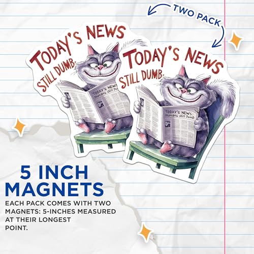 (2 Pack) Funny Cat Reading Newspaper Magnets Magnets - Cute Cat Lover Decor - 5" On Longest Side - Made in USA - Sticks to Refrigerators & Metal Surfaces - MAG8552