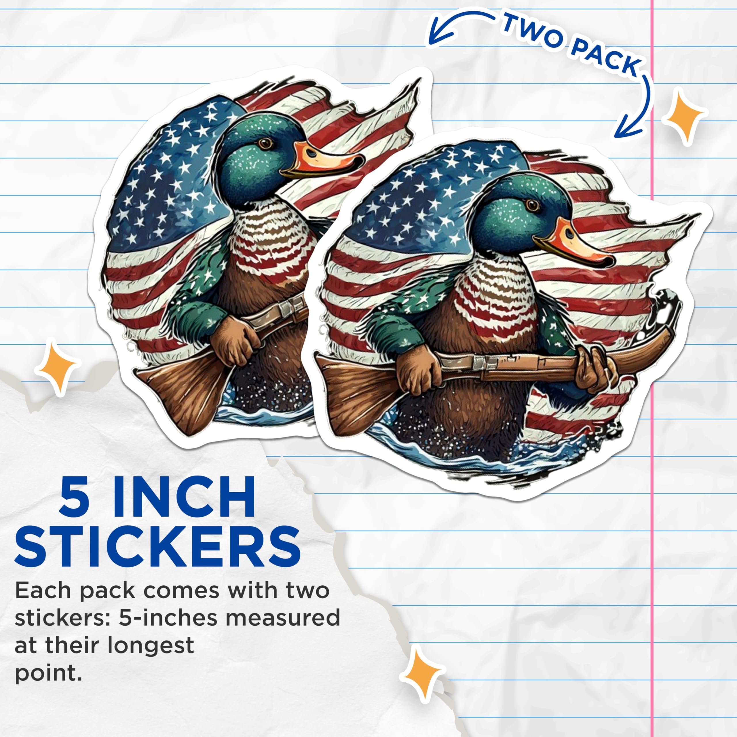 (2 Pack) Mallard Duck Hunter Stickers - American Flag Patriotism - Wildfowl Hunting Enthusiast Decal - 5" On Longest Side - Sticks to Smooth Flat Surfaces - Made in USA - BMCS21939