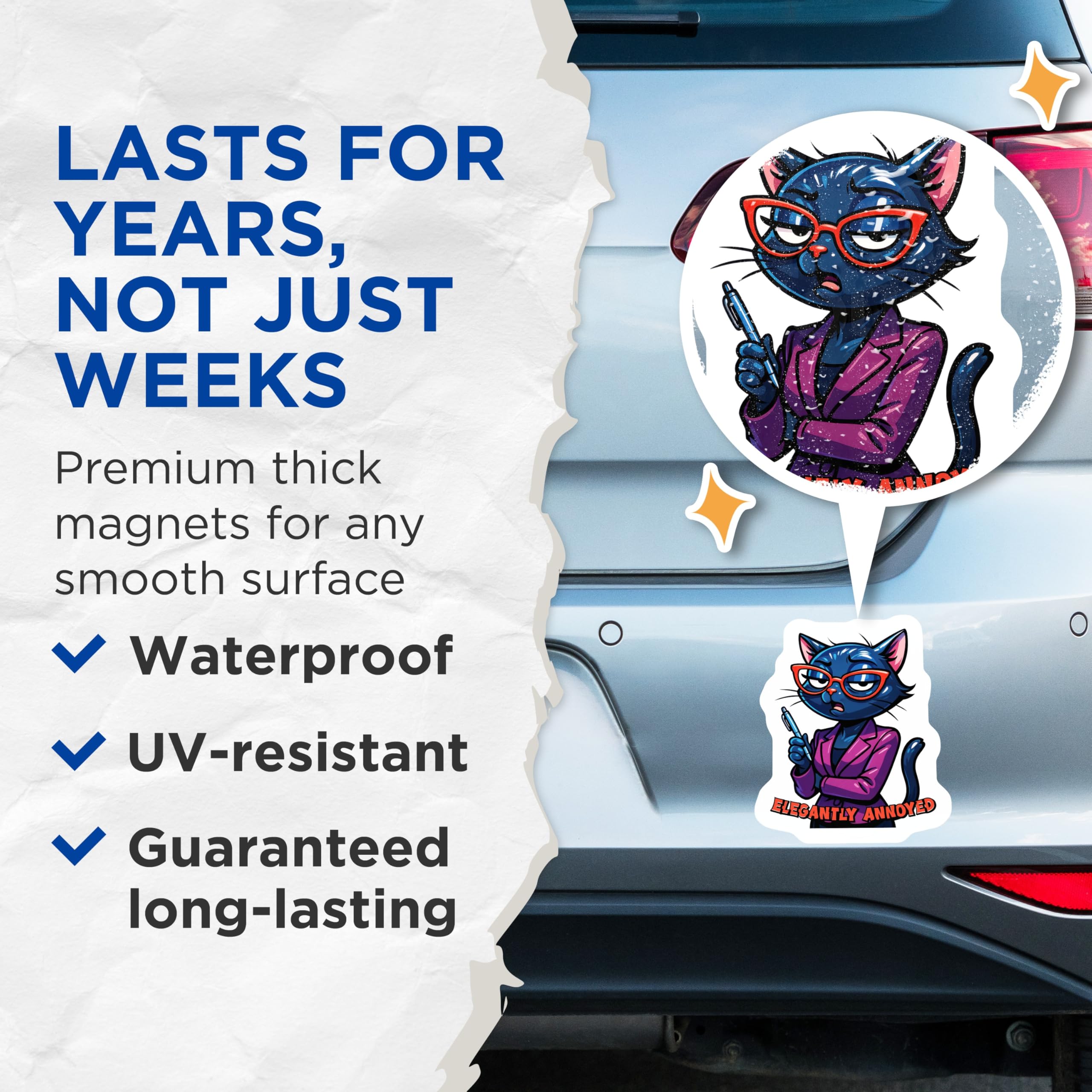 (2 Pack) Elegantly Annoyed Cat Magnets - Sarcastic Black Cat - Office Humor Desk Decor - 5 Inches On Longest Side - Thick Durable Magnet - Made in USA - MAG22501