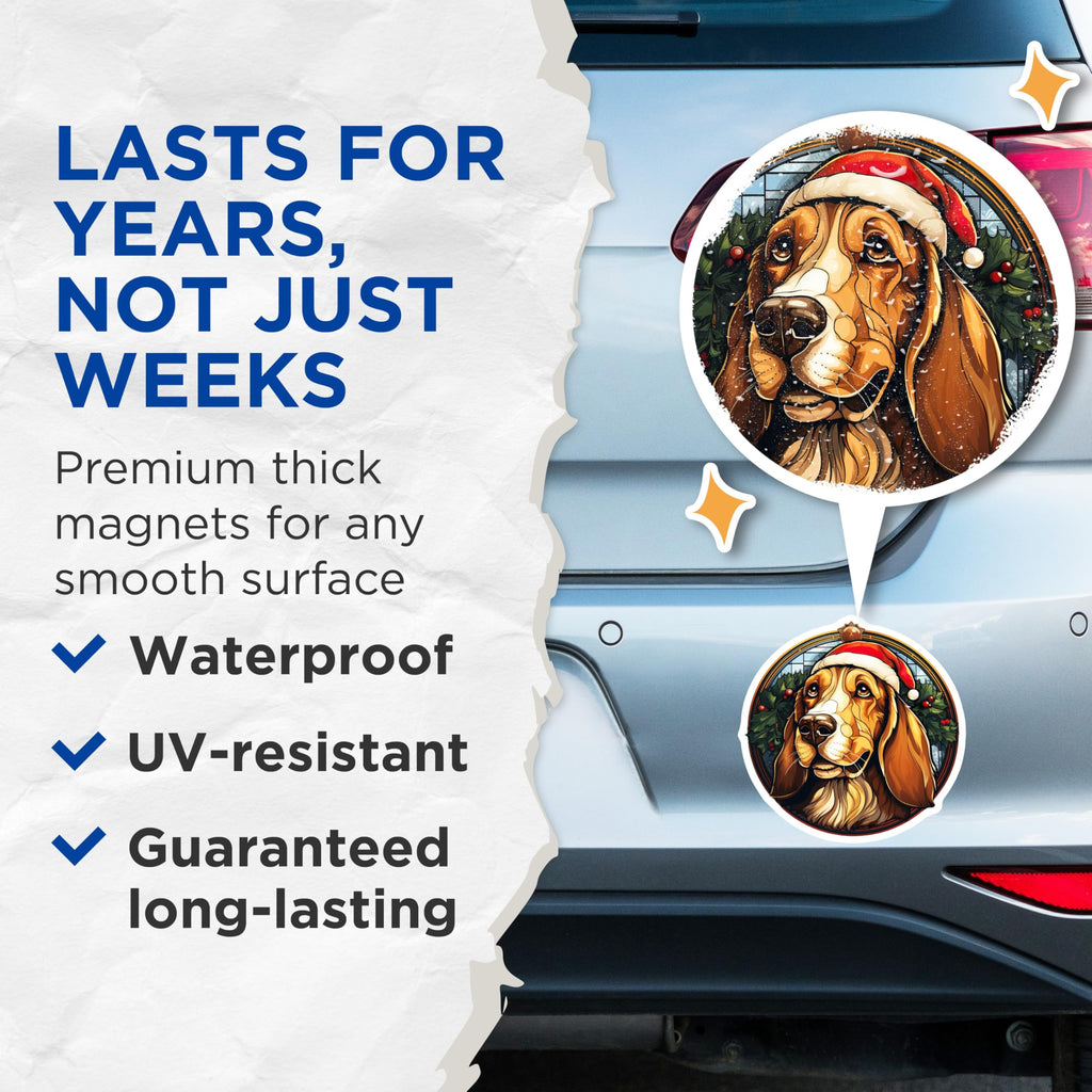 (2 Pack) Basset Hound Christmas Magnets - Stained Glass Style - Holiday Dog Decor Pet Lovers - 5 Inches On Longest Side - Thick Durable Magnet - Made in USA - MAG27909