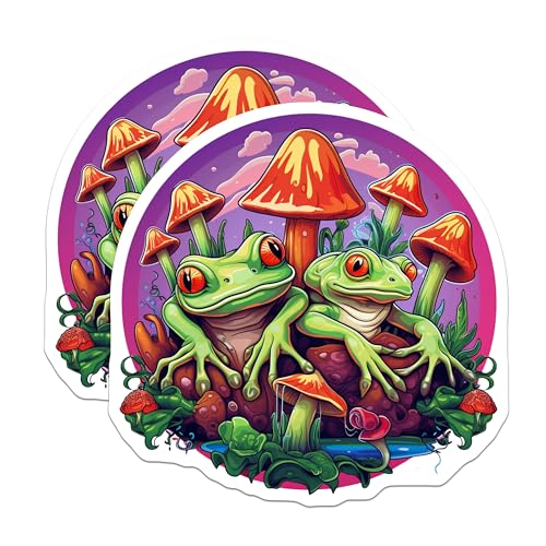 (2 Pack) Frog Mushroom Stickers - Cute Frogs Stickers - Nature Themed Frog and Mushrooms Stickers - 5" On Longest Side - Sticks to Smooth Flat Surfaces - Made in USA - BMCS4070