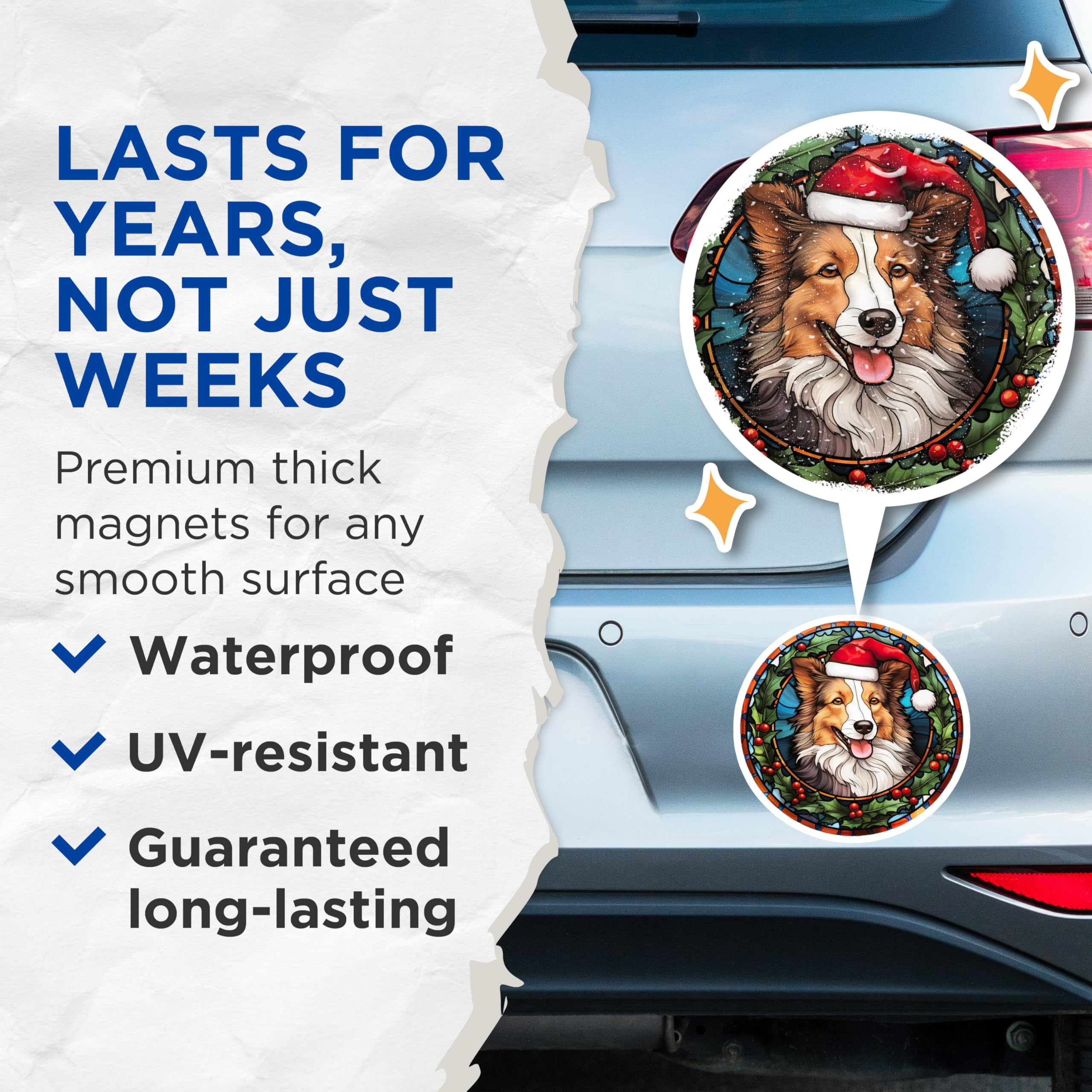 (2 Pack) Border Collie Christmas Magnets - Santa Hat Dog Art - Faux Stained Glass Decor - 5 Inches On Longest Side - Thick Durable Magnet - Made in USA - MAG26874