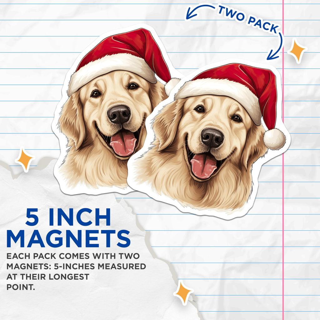 (2 Pack) Golden Retriever Santa Dog Magnets - Christmas Holiday Decor - Festive Pet Lover Magnet for Fridge - 5 Inches On Longest Side - Thick Durable Magnet - Made in USA - MAG23694