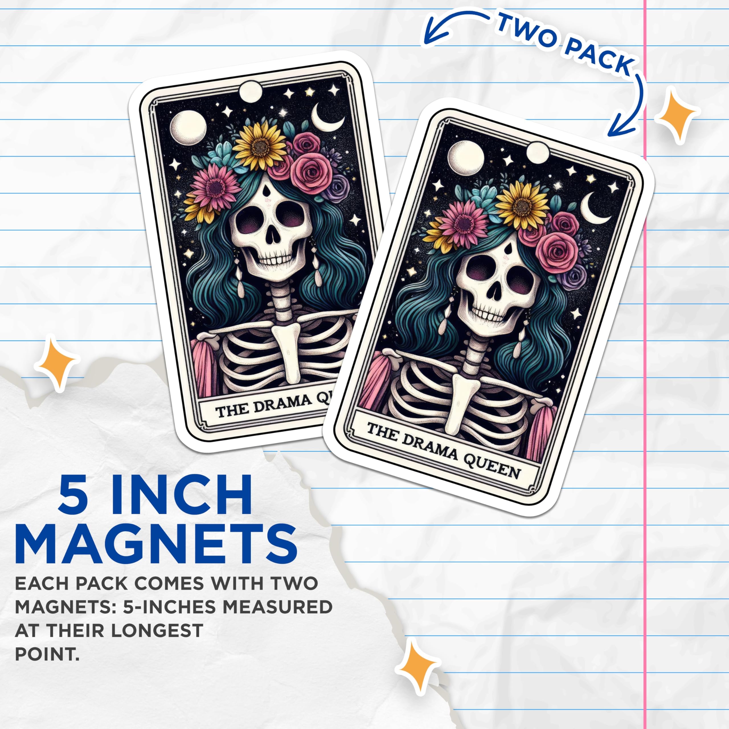 (2 Pack) The Drama Queen Skeleton Magnets - Floral Crown Skull Tarot Card Artwork - Mystical Witchy Refrigerator Decor - 5 Inches On Longest Side - Thick Durable Magnet - Made in USA - MAG22326