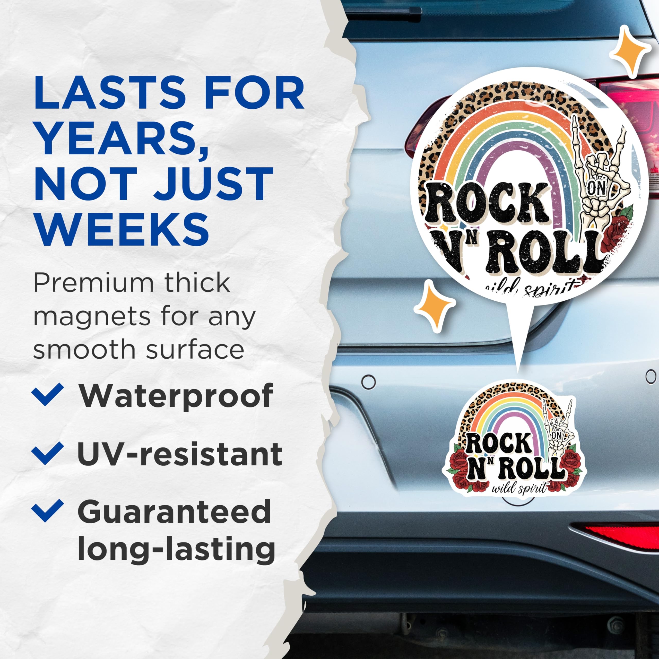 (2 Pack) Rock and Roll Magnets - Rainbow Skeleton Hand - Wild Spirit Rose Decoration - 5" On Longest Side - Premium Magnet - for Cars, Refrigerators, Toolboxes, Lockers - Made in USA - MAG17980