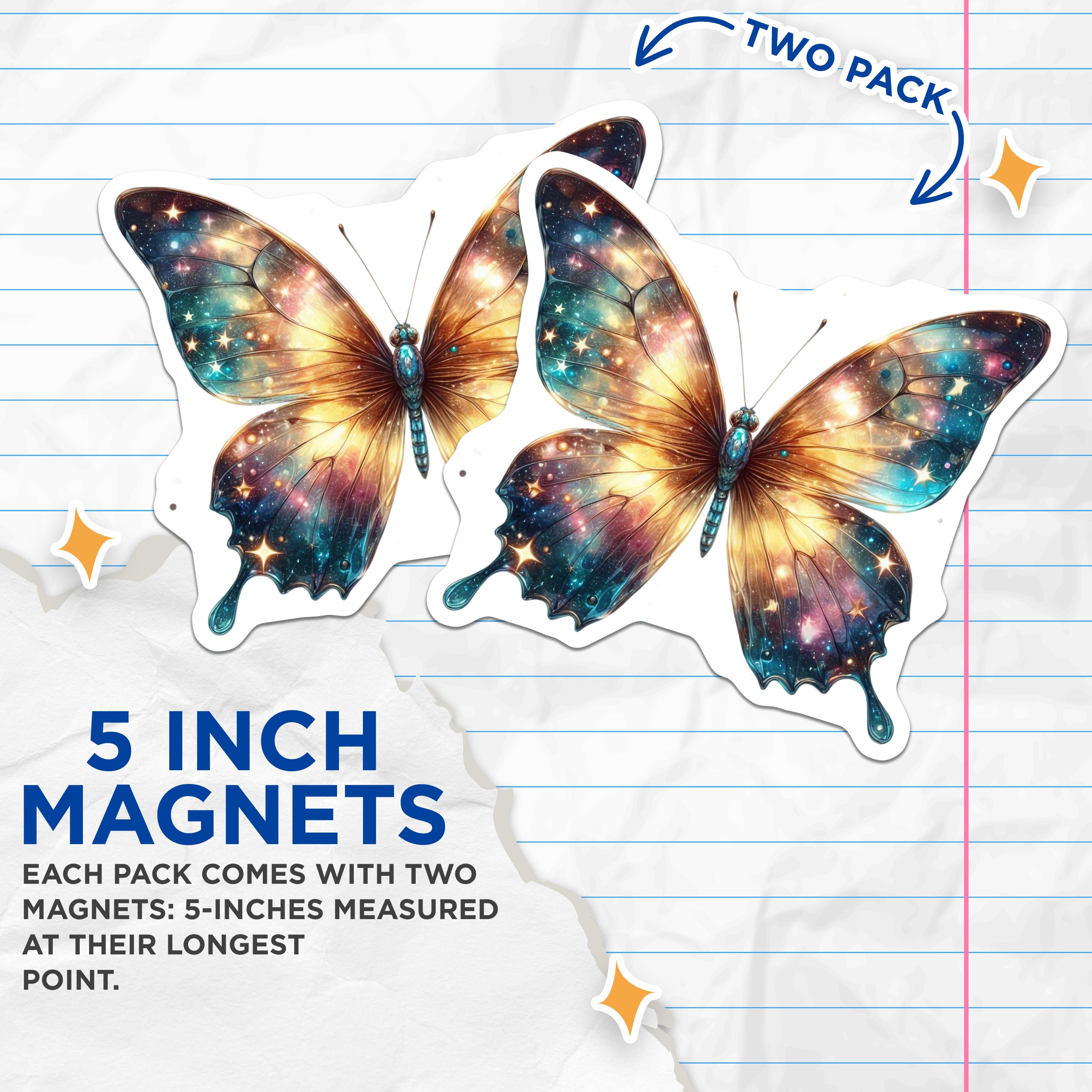 (2 Pack) Galaxy Butterfly Magnets - Celestial Nature Decor - Whimsical Fridge Accessories - 5 Inches On Longest Side - Thick Durable Magnet - Made in USA - MAG38882