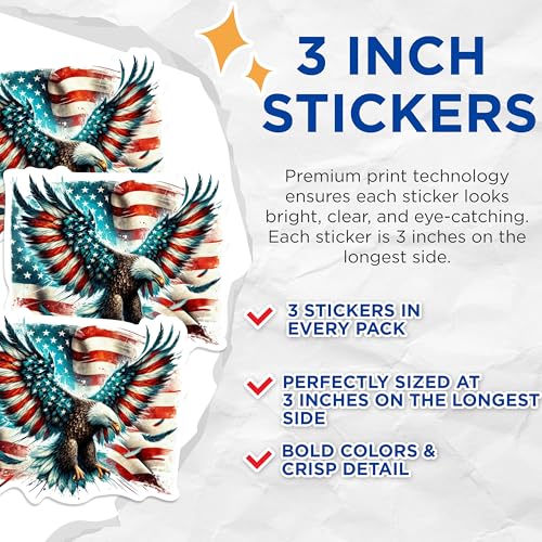 (3 Pack) American Eagle Decals - Patriotic Decal - USA Flag Decal - 3 Inches On Longest Side - Easy Peel & Apply - Made in USA - 3MCS0257