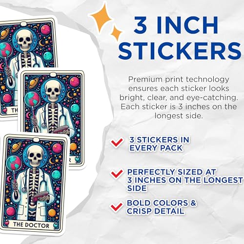 (3 Pack) Doctor Skeleton Decals - Tarot Card Inspired - Medical Laptop Decal - 3 Inches On Longest Side - Easy Peel & Apply - Made in USA - 3MCS4154