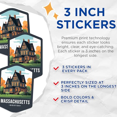 (3 Pack) Boston Massachusetts Decals - Laptop Decal - Travel Souvenir Decals - 3 Inches On Longest Side - Easy Peel & Apply - Made in USA - 3MCS0362