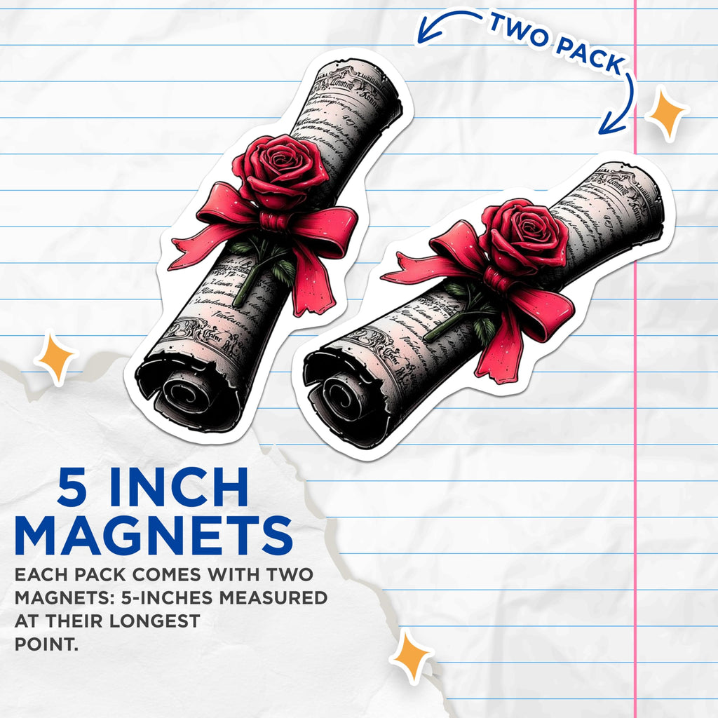 (2 Pack) Enchanted Scroll Magnets - Red Rose Ribbon Design - Vintage Love Message Artwork - 5 Inches On Longest Side - Thick Durable Magnet - Made in USA - MAG21174