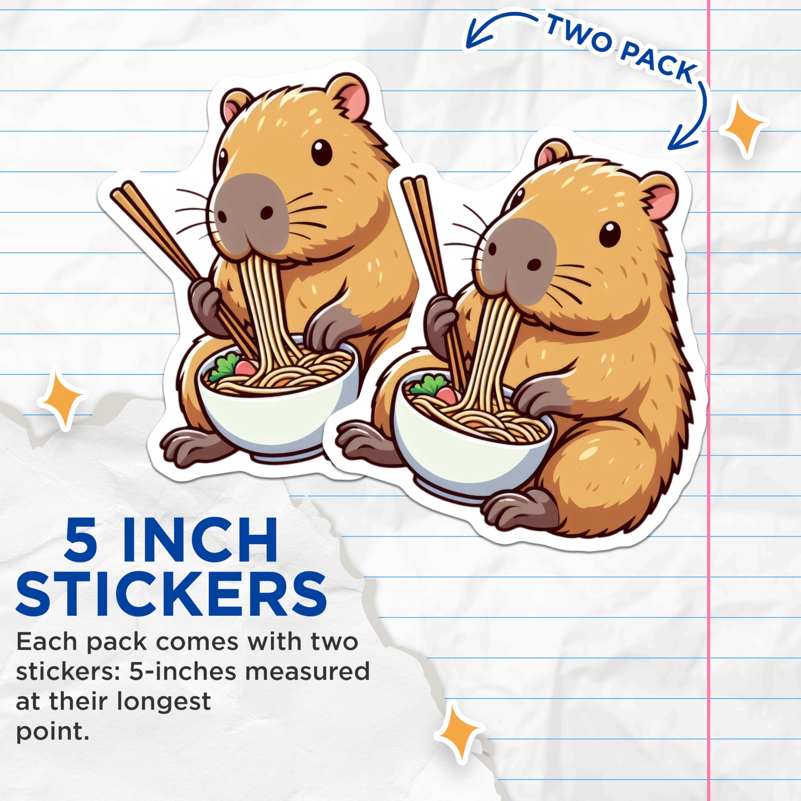 (2 Pack) Capybara Eating Noodles Stickers - Cute Capybara - Food Lovers - Cartoon Animal - Fun Stickers - 5" On Longest Side - Sticks to Smooth Flat Surfaces - Made in USA - BMCS9923