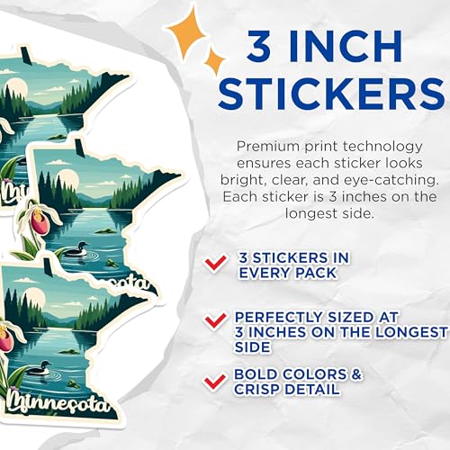 (3 Pack) Minnesota Decals - Laptop Decal - State Pride Sticker - 3 Inches On Longest Side - Easy Peel & Apply - Made in USA - 3MCS0145