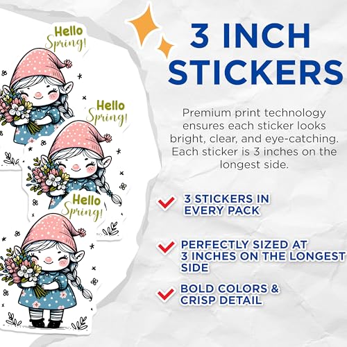 (3 Pack) Spring Gnome Decals - Laptop Decal - Hello Spring Stickers - 3 Inches On Longest Side - Easy Peel & Apply - Made in USA - 3MCS6763