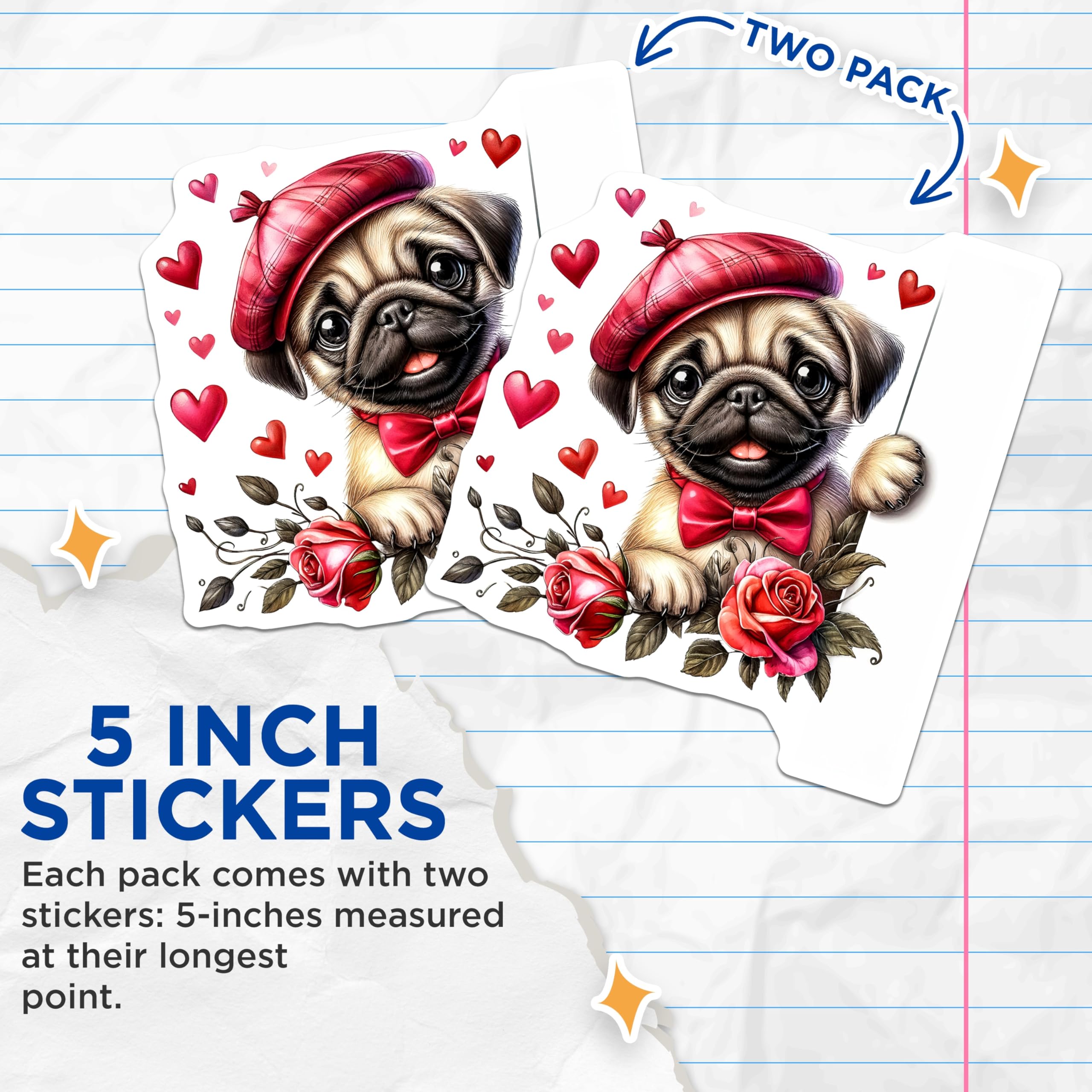 (2 Pack) Pug Stickers - Cute Dog Stickers - Valentine's Day Stickers - 5" On Longest Side - Sticks to Smooth Flat Surfaces - Made in USA - BMCS15312