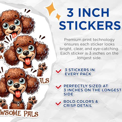 (3 Pack) Poodle Decals - Cute Dog Stickers - Pawsome Pals Laptop Decal - 3 Inches On Longest Side - Easy Peel & Apply - Made in USA - 3MCS1280