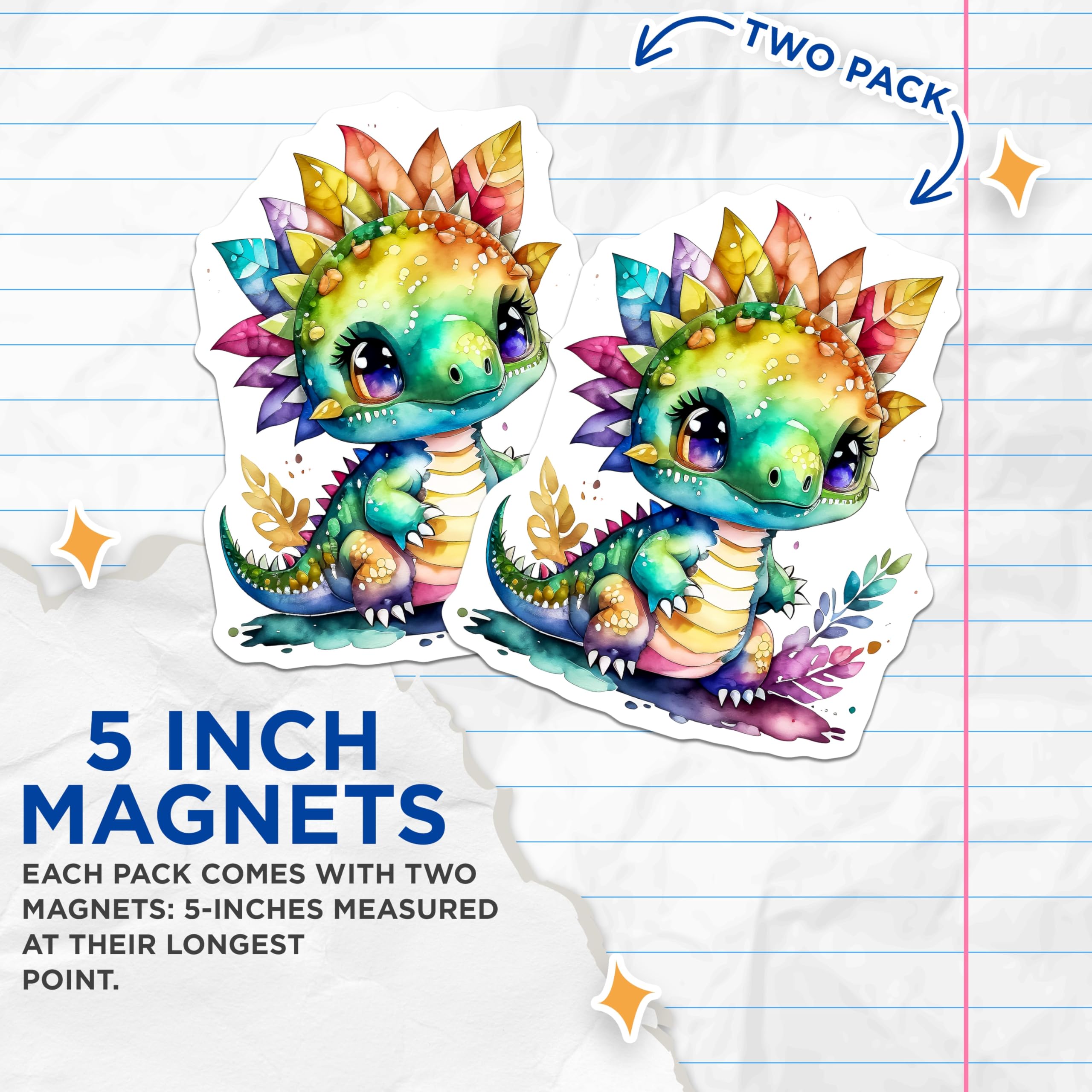 (2 Pack) Cute Dinosaur Magnets - Rainbow Dino Decor - Fridge Magnets - 5" On Longest Side - Premium Magnet - for Cars, Refrigerators, Toolboxes, Lockers - Made in USA - MAG14306