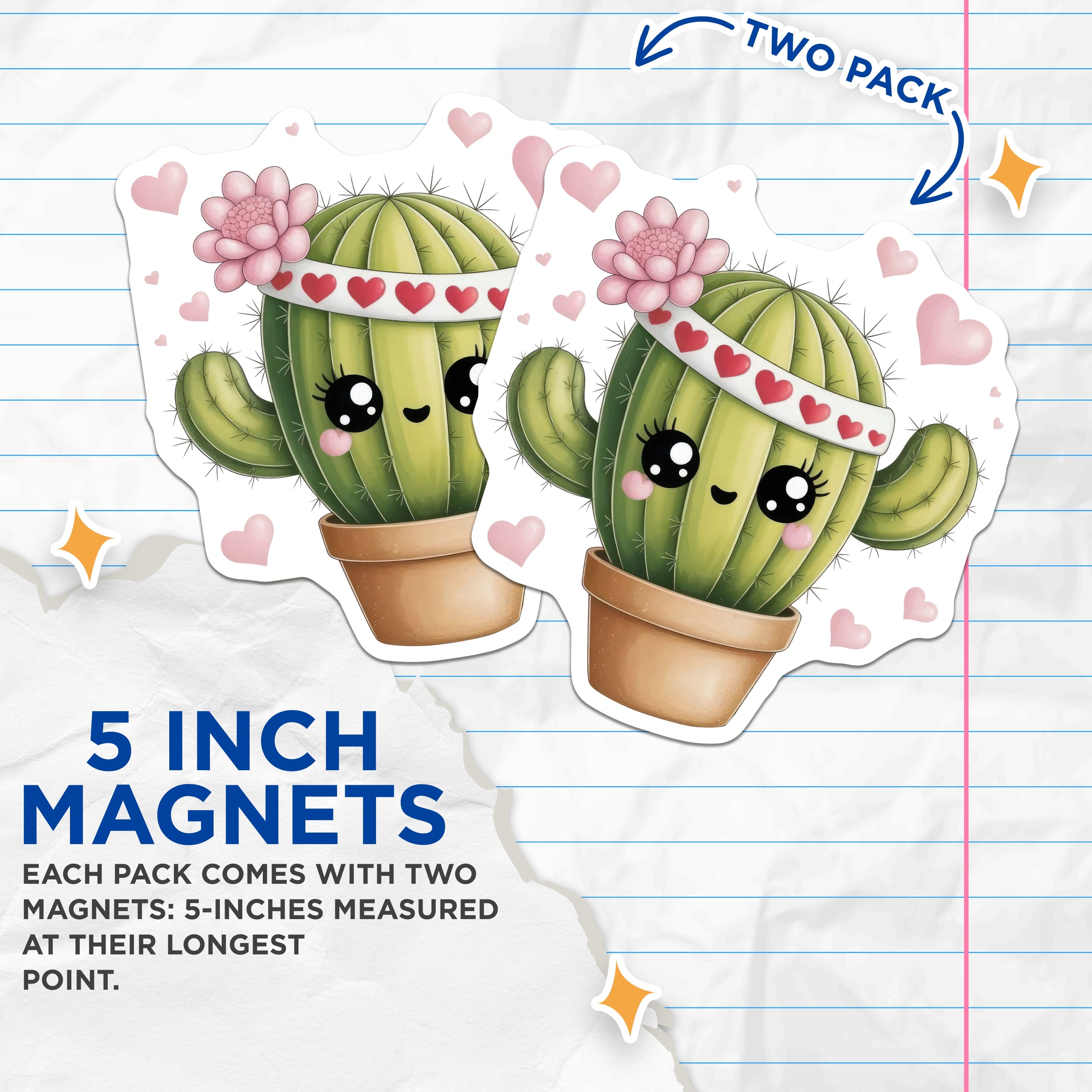 (2 Pack) Kawaii Cactus Magnets - Cute Succulent Fridge Decor - Happy Plant Lover Locker Magnet - Pink Hearts Valentine's Day - 5 Inches On Longest Side - Thick Durable Magnet - Made in USA - MAG36075