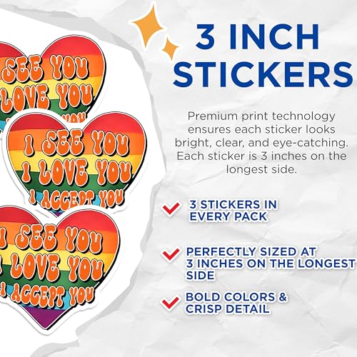 (3 Pack) Rainbow Pride Heart Decals - LGBT Positive Affirmation - Acceptance Inclusion Sticker - 3 Inches On Longest Side - Easy Peel & Apply - Made in USA - 3MCS7043