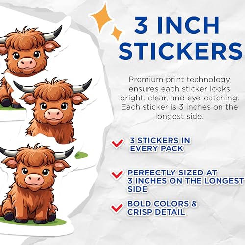 (3 Pack) Highland Cow Decals - Cute Cow Sticker - Farm Animal Stickers - 3 Inches On Longest Side - Easy Peel & Apply - Made in USA - 3MCS1055
