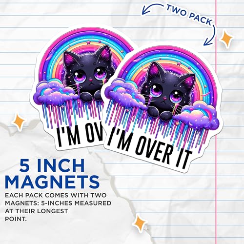 (2 Pack) Black Cat I'm Over It Magnets - Cute Rainbow Cat - Funny Cat Magnets for Home or Office - 5" On Longest Side - for Cars, Fridges, Toolboxes - Made in USA - MAG4586