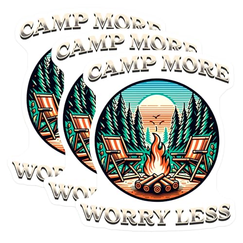 (3 Pack) Camp More Worry Less Decals - Camping Laptop Decals - Outdoor Adventure Stickers- 3 Inches On Longest Side - Easy Peel & Apply - Made in USA - 3MCS5680