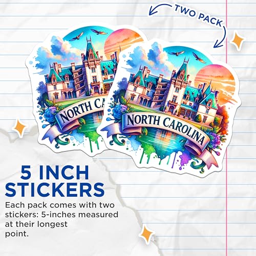 (2 Pack) North Carolina Stickers - Colorful Landmark Art - Adventure Travel Stickers - 5" On Longest Side - Sticks to Smooth Flat Surfaces - Made in USA - BMCS7116