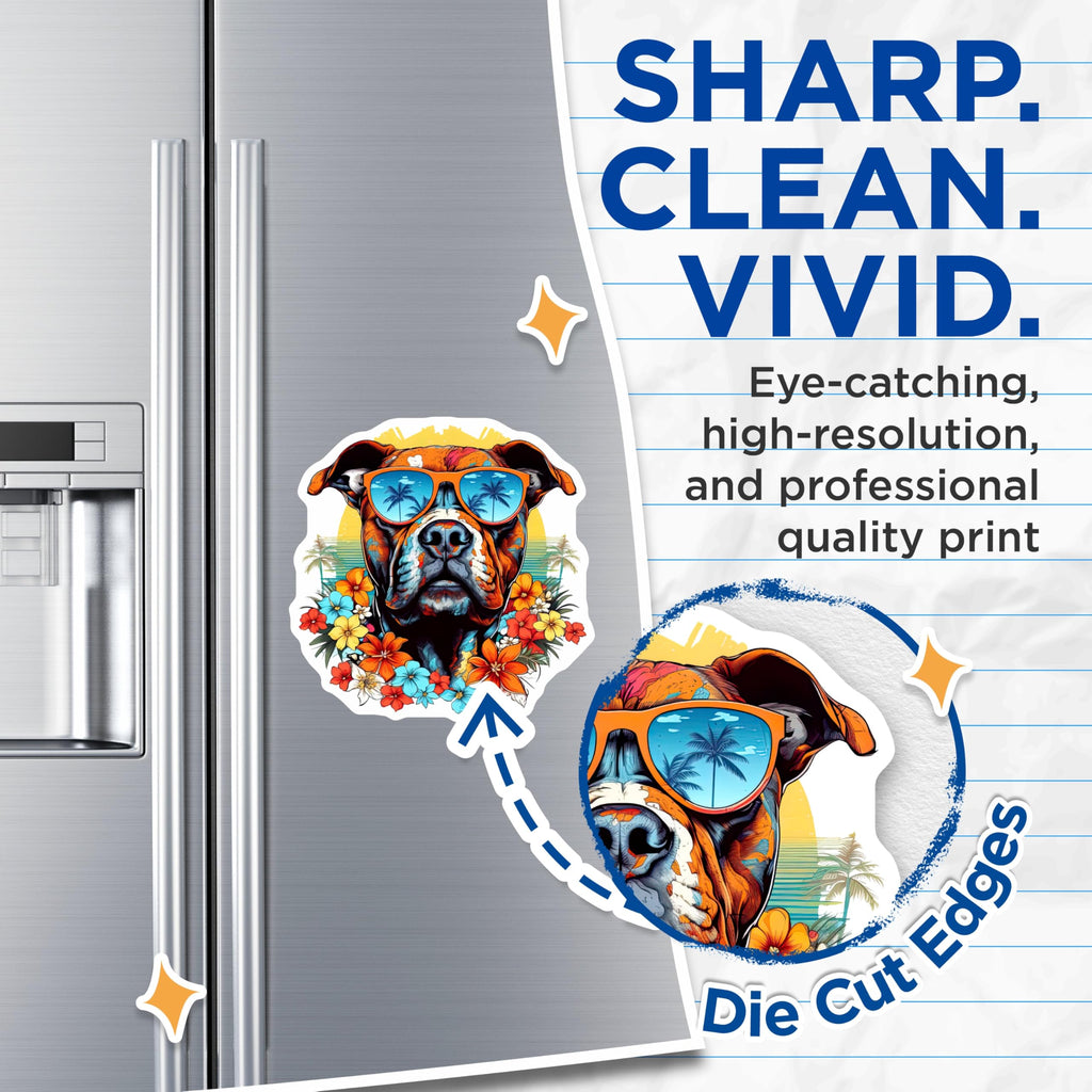 (2 Pack) Pitbull Dog Magnets - Vibrant Summer Sunglasses - Hawaiian Tropical Flower Art - 5 Inches On Longest Side - Thick Durable Magnet - Made in USA - MAG20233