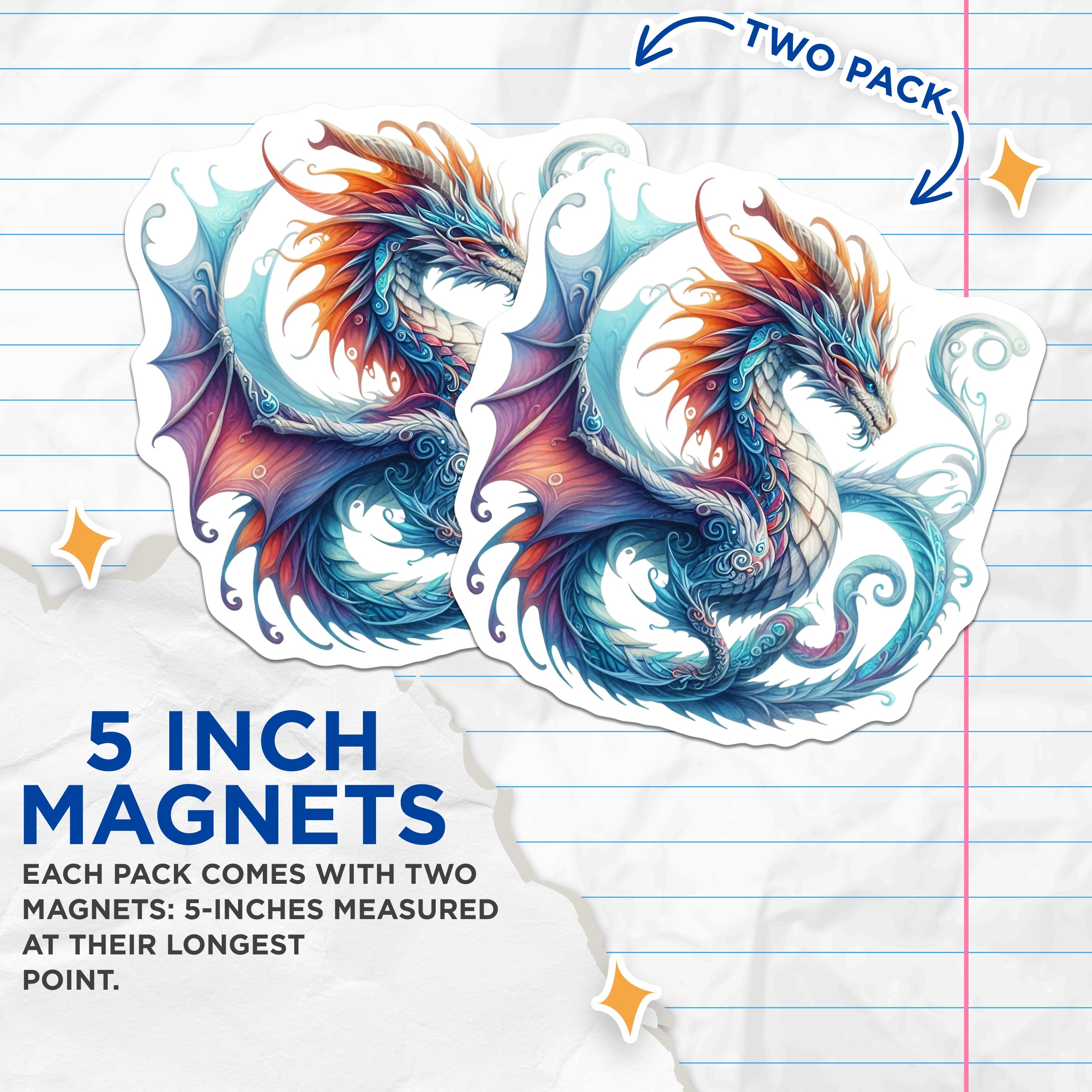 (2 Pack) Fantasy Dragon Magnets - Mythical Creature Art - Vibrant Blue Dragon Decor - 5 Inches On Longest Side - Thick Durable Magnet - Made in USA - MAG38280