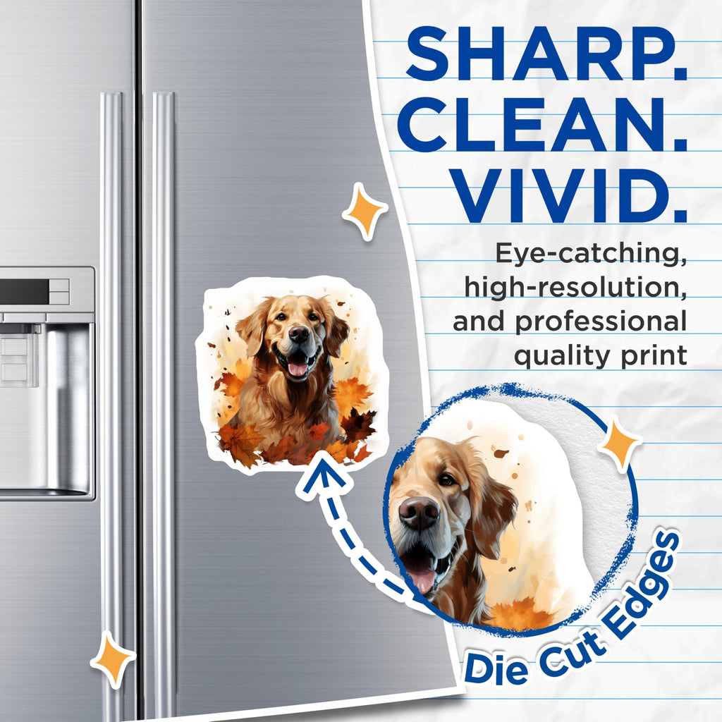 (2 Pack) Golden Retriever Magnets - Happy Autumn Dog Fridge Decor - Fall Leaves Pet Art - Retriever Puppy Kitchen Magnets - 5 Inches On Longest Side - Thick Durable Magnet - Made in USA - MAG24676
