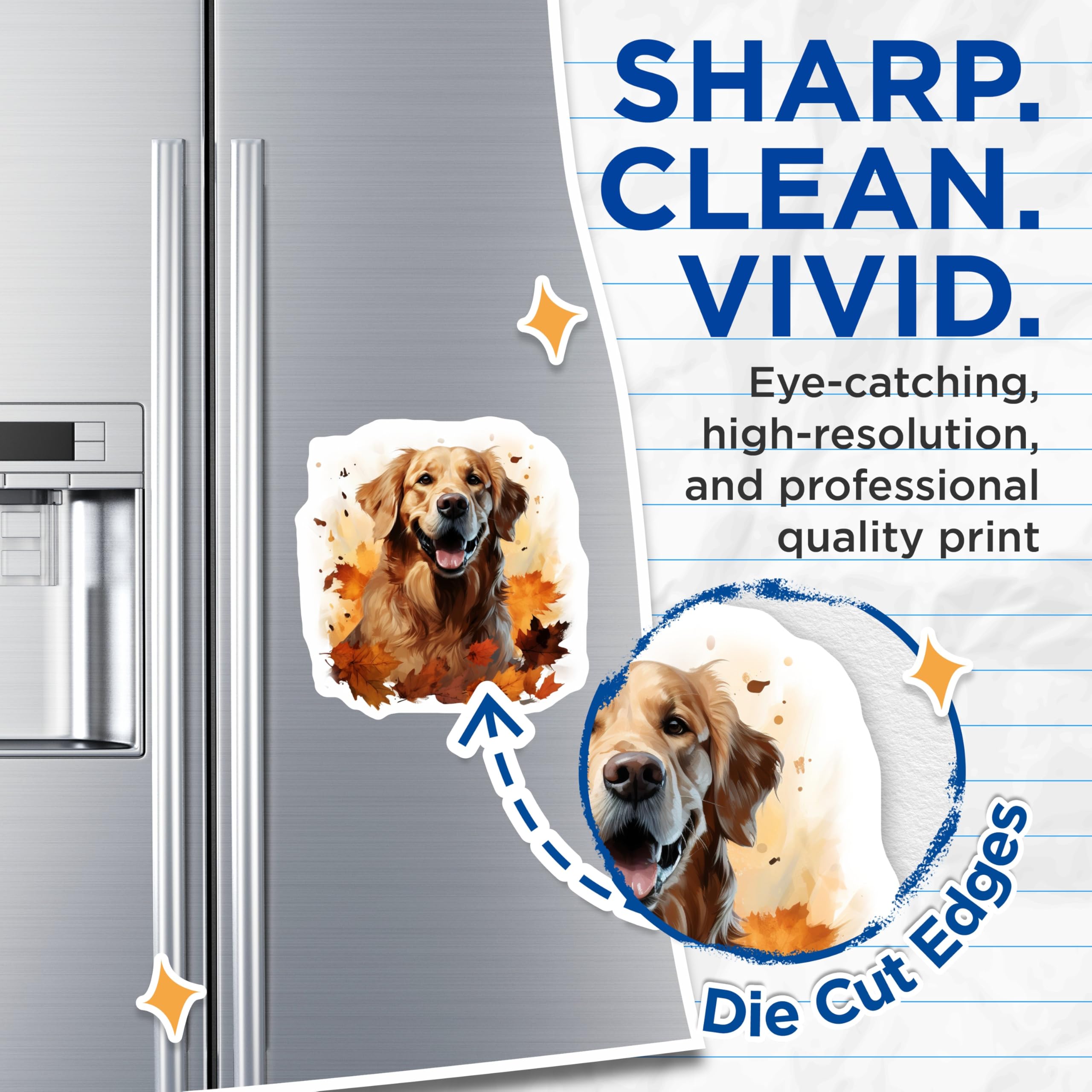 (2 Pack) Golden Retriever Magnets - Happy Autumn Dog Fridge Decor - Fall Leaves Pet Art - Retriever Puppy Kitchen Magnets - 5 Inches On Longest Side - Thick Durable Magnet - Made in USA - MAG24676