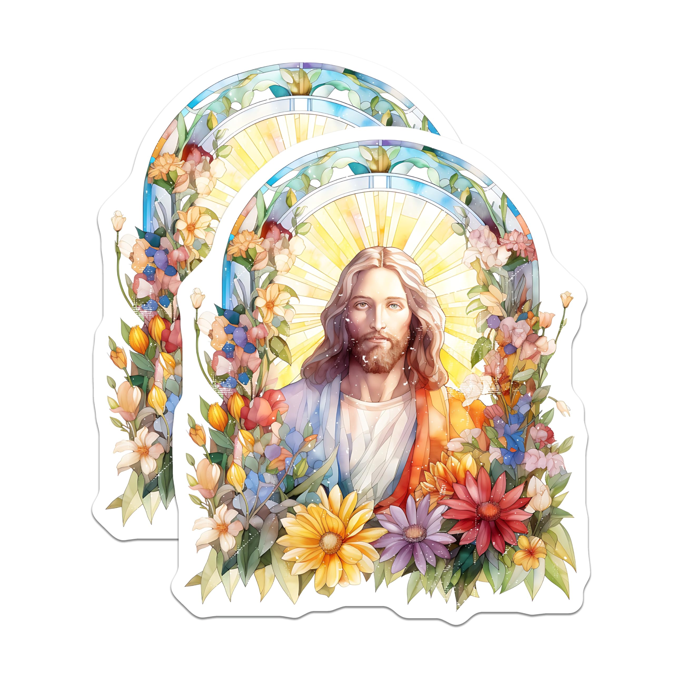 (2 Pack) Jesus Christ Magnets - Stained Glass Floral Art - Christian Spiritual Decor - Faith Home Inspiration - 5 Inches On Longest Side - Thick Durable Magnet - Made in USA - MAG24450