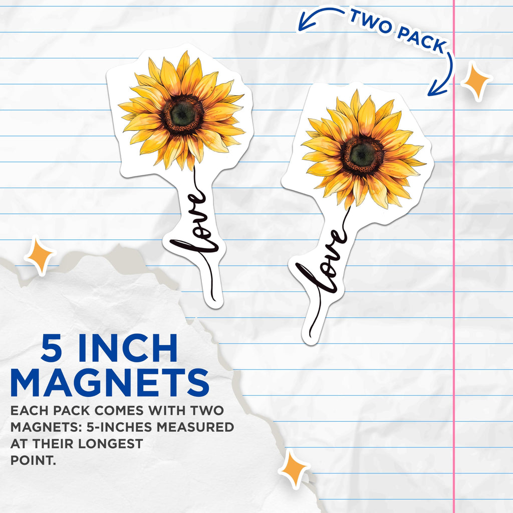 (2 Pack) Sunflower Love Magnets - Bright Floral Kitchen Decor - Positive Vibe Refrigerator Magnets - 5 Inches On Longest Side - Thick Durable Magnet - Made in USA - MAG19294