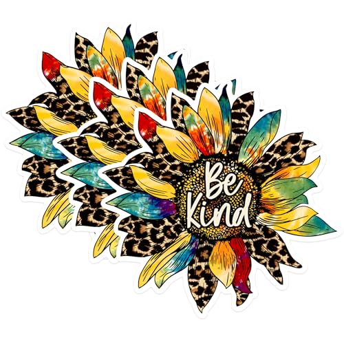 (3 Pack) Be Kind Sunflower Decals - Leopard Print - Tie Dye Flower - Laptop Decals - 3 Inches On Longest Side - Easy Peel & Apply - Made in USA - 3MCS1376