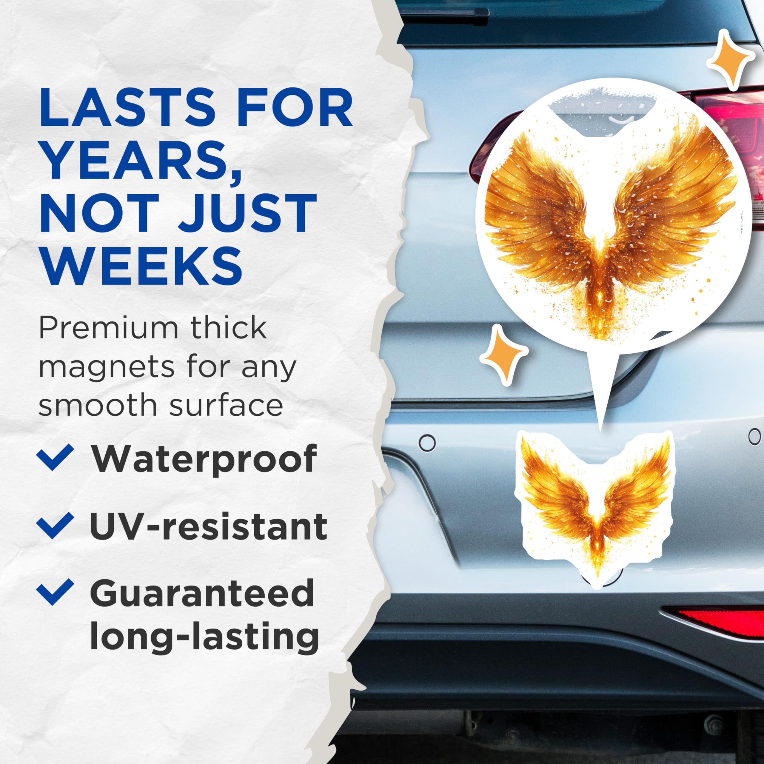 (2 Pack) Phoenix Golden Wings Magnets - Rebirth Symbolism - Fantasy Art Decor - Mystical Firebird Theme - 5 Inches On Longest Side - Thick Durable Magnet - Made in USA - MAG27760