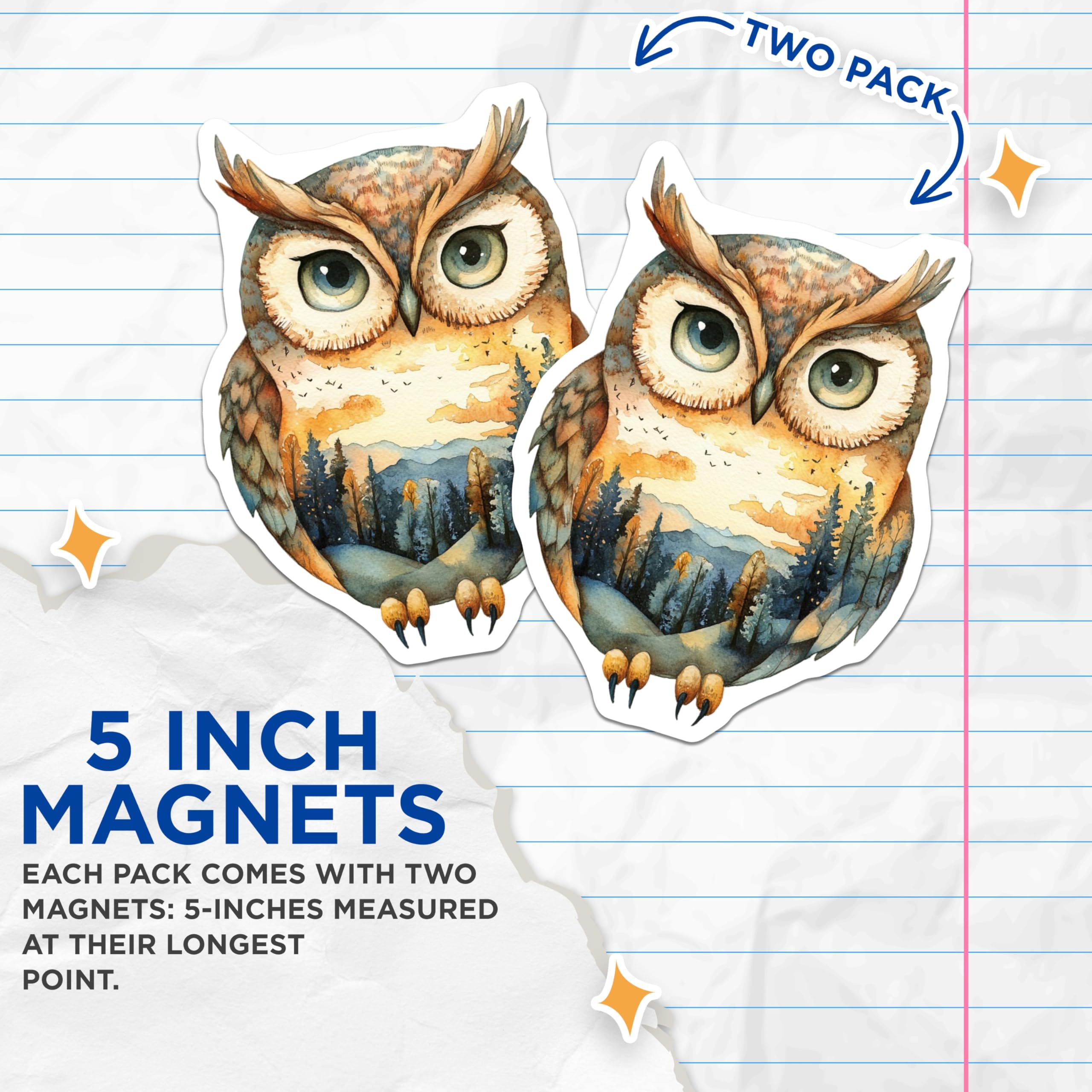 (2 Pack) Owl Magnets - Watercolor Owl Art - Nature Scene Magnets - 5" On Longest Side - Premium Magnet - for Cars, Refrigerators, Toolboxes, Lockers - Made in USA - MAG15318