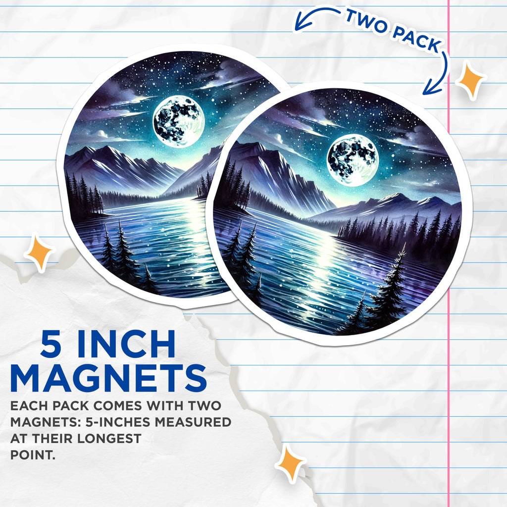 (2 Pack) Moon Lake Magnets - Starry Night Mountain Landscape - Cosmic Forest Refrigerator Decor - 5 Inches On Longest Side - Thick Durable Magnet - Made in USA - MAG19084