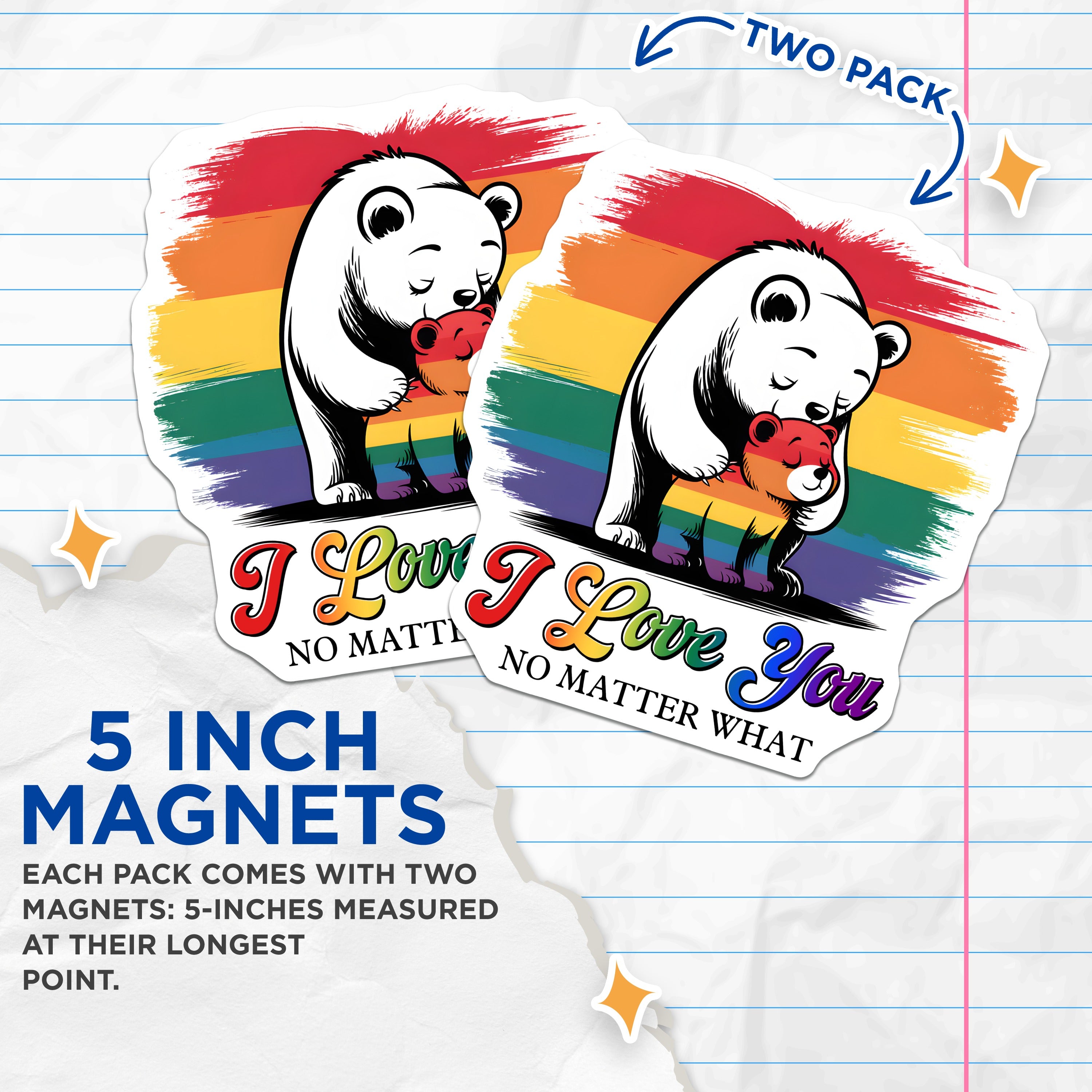 (2 Pack) LGBTQ Pride Magnets - Unconditional Love Bears - Rainbow Family Decor - Affirming Home Accent - 5 Inches On Longest Side - Thick Durable Magnet - Made in USA - MAG37958