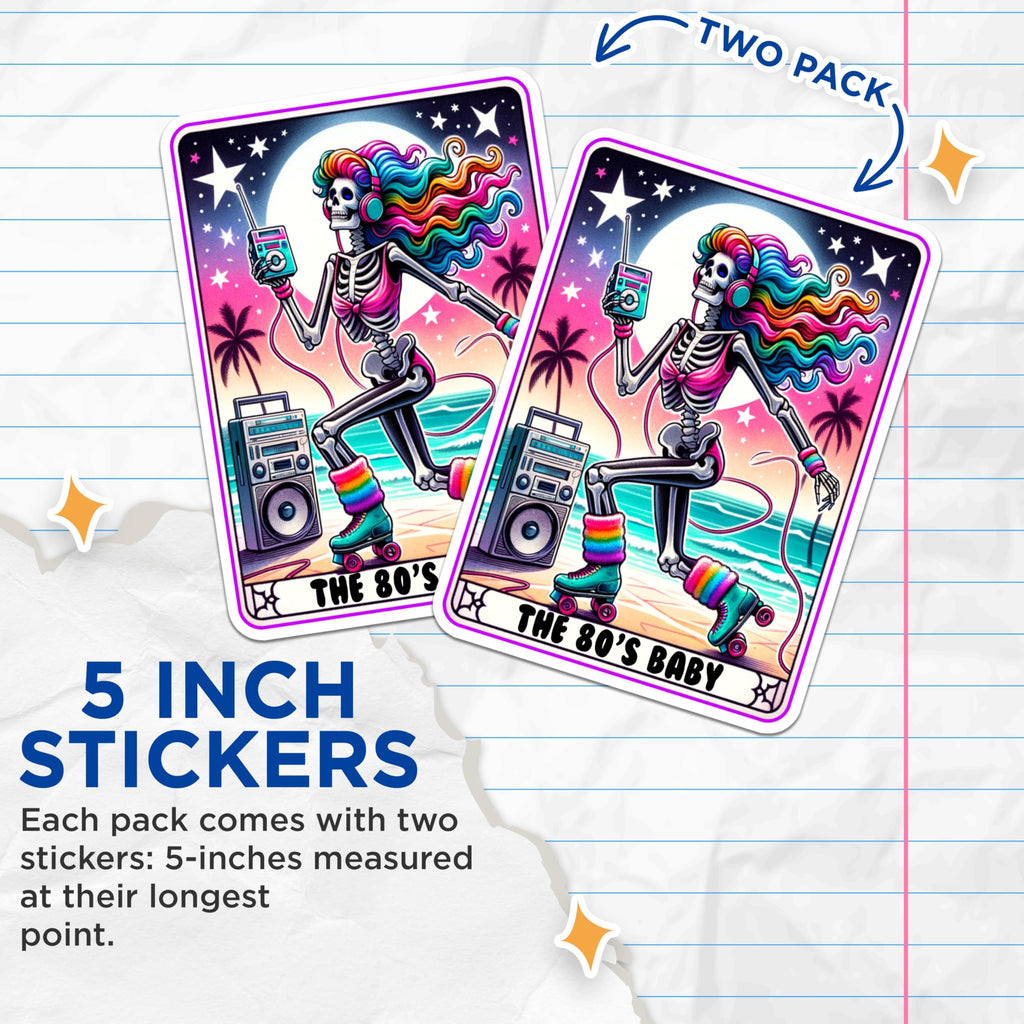 (2 Packs) The 80s Baby Tarot Card Stickers - Mystical 80s Retro Tarot Card Decals - 5 Inches On Longest Side - Premium Vinyl Decal - Sticks to Any Smooth Flat Surface - Made in USA - BMCS2536