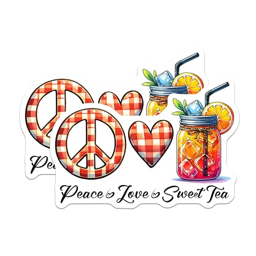 (2 Pack) Peace Love Sweet Tea Stickers - Peace Symbol - Heart - Jar of Sweet Tea - 5" On Longest Side - Sticks to Smooth Flat Surfaces - Made in USA - BMCS8298
