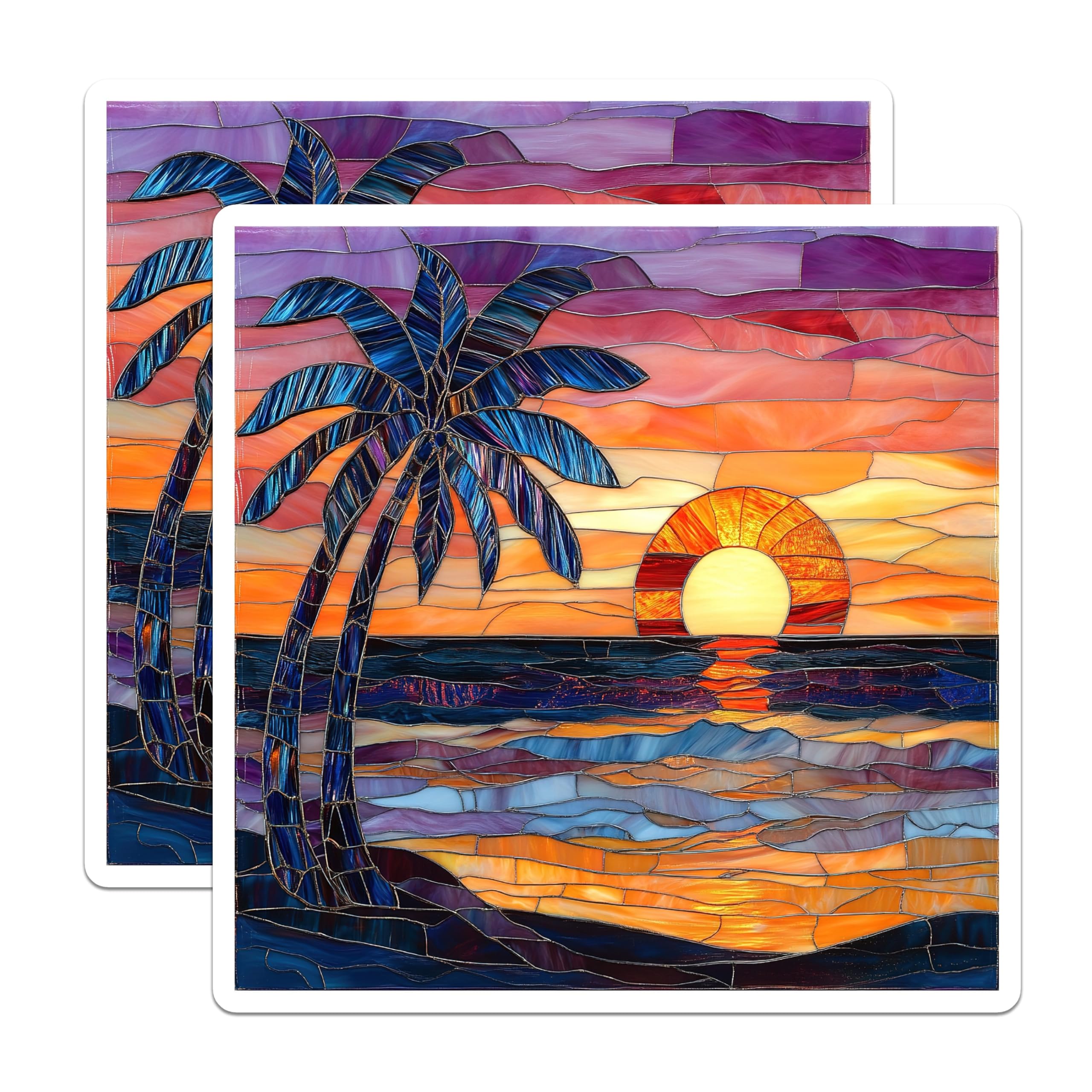 (2 Pack) Tropical Sunset Magnets - Stained Glass Look - Beach Palm Tree Ocean Art - 5 Inches On Longest Side - Thick Durable Magnet - Made in USA - MAG26207
